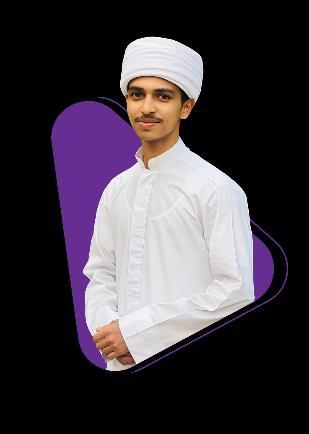A young man dressed in a traditional white Islamic outfit and turban, confidently posing against a black background with a purple abstract shape.