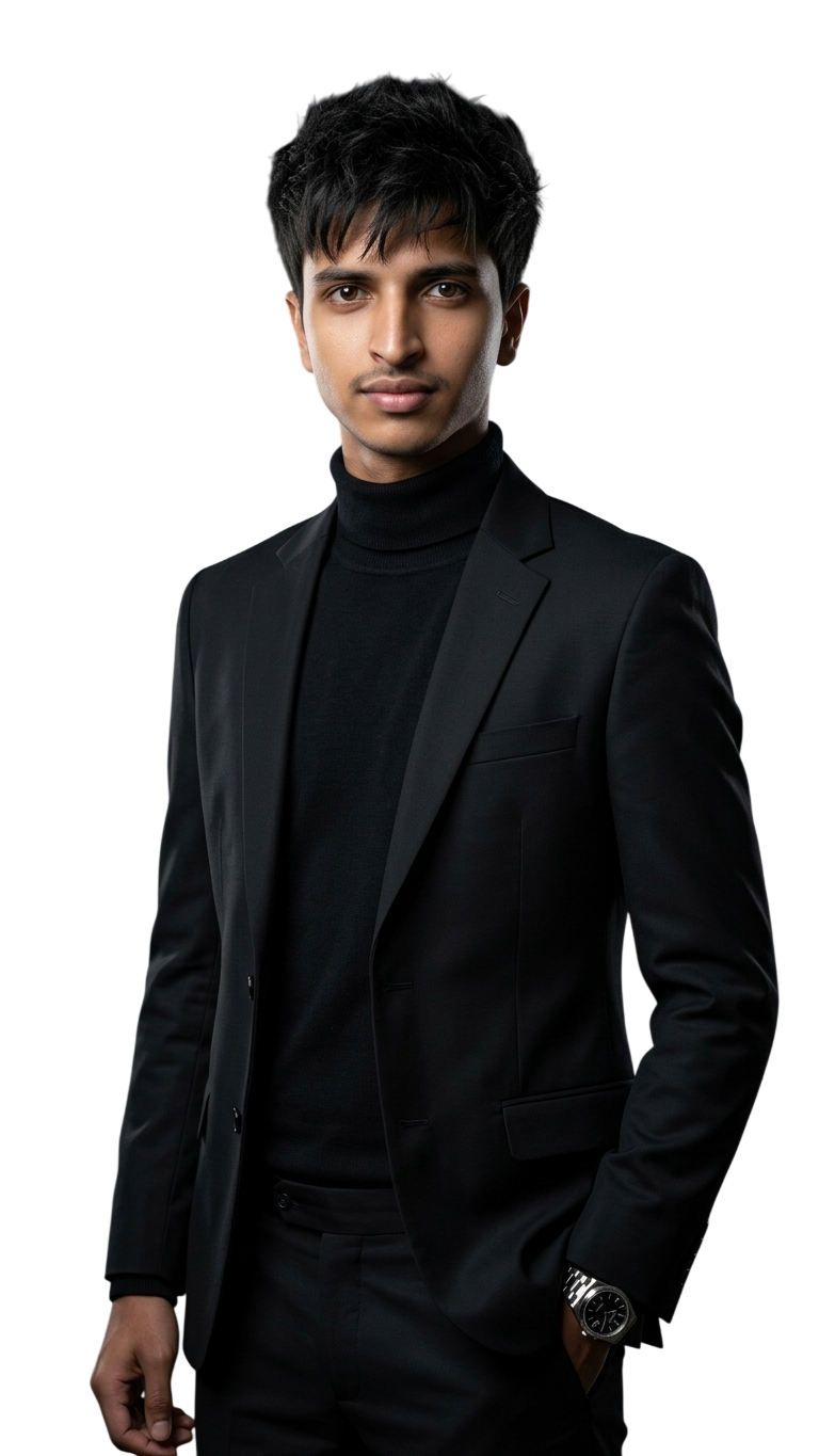 Muhammed Ajnas – freelance digital marketer in Malappuram, Kerala, wearing a black suit.