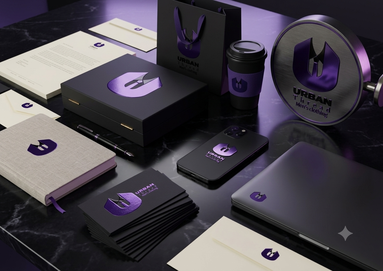 Luxury branding identity mockup featuring logo design, business cards, stationery, packaging, laptop, mobile, coffee cup, and shopping bag created by AJ Design Atelier.